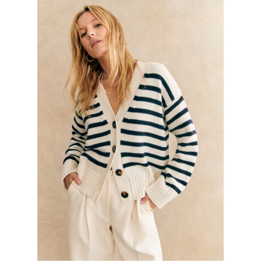 SEZANE BLOGGER Classic Navy Ecru Striped Wilson Cardigan Preppy Knit Sweater XXS - Picture 16 of 17